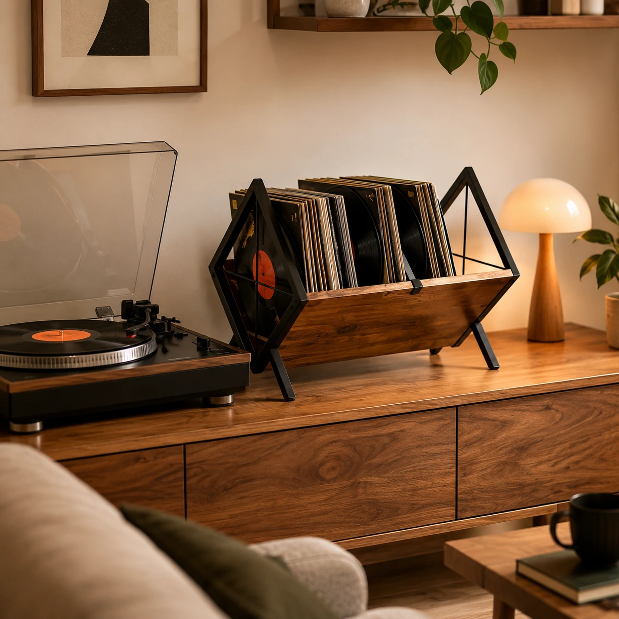 Vinyllställ för LP-skivor och magasin med trä- och metallram