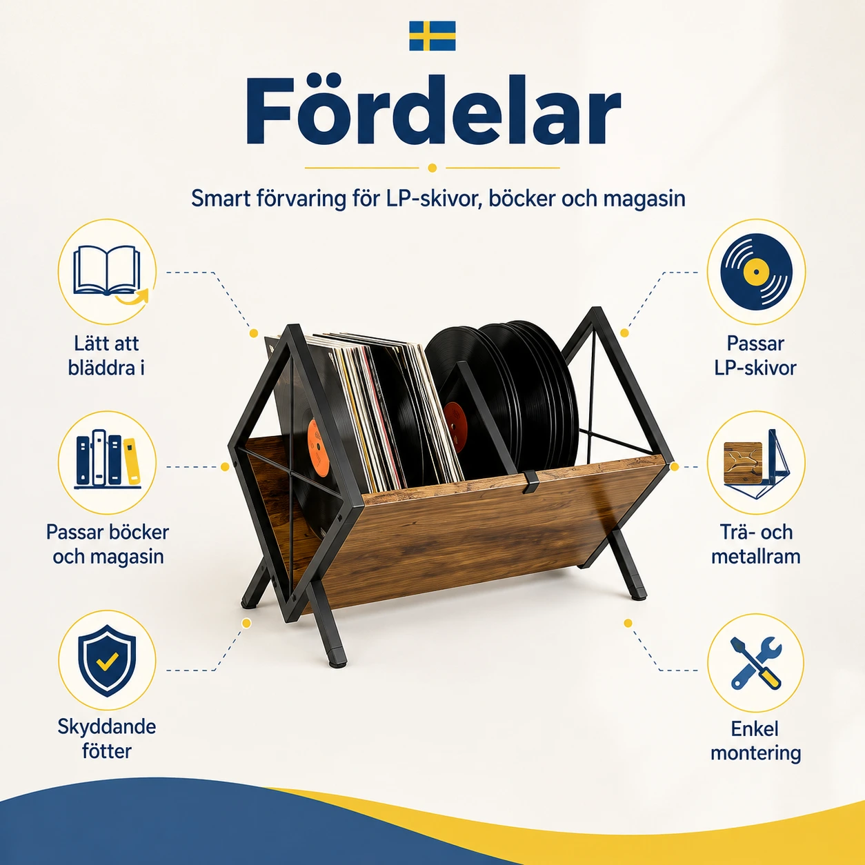 Vinyllställ för LP-skivor och magasin med trä- och metallram