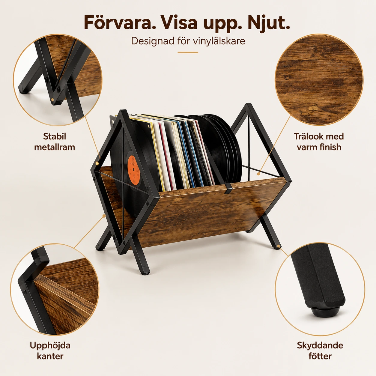 Vinyllställ för LP-skivor och magasin med trä- och metallram