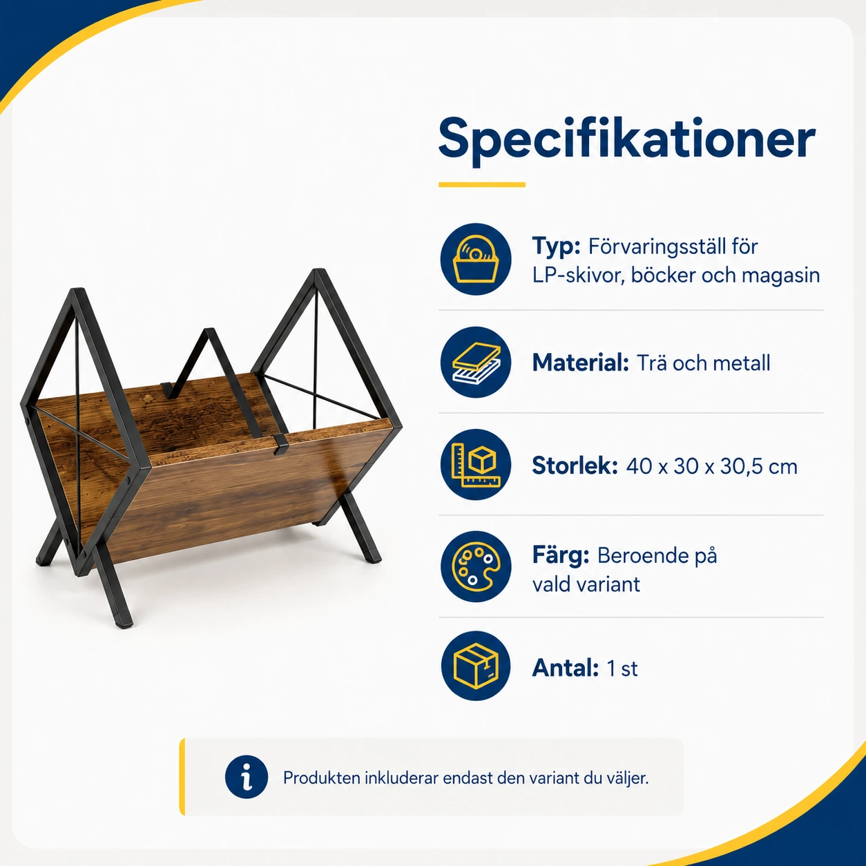 Vinyllställ för LP-skivor och magasin med trä- och metallram