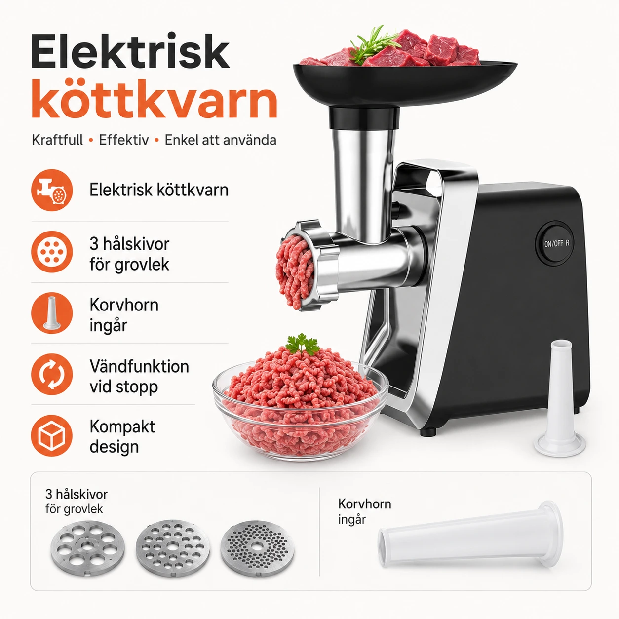 Elektrisk köttkvarn med korvhorn och vändfunktion