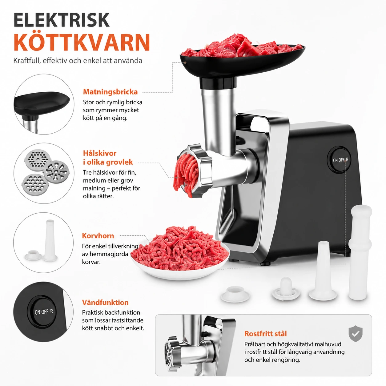 Elektrisk köttkvarn med korvhorn och vändfunktion