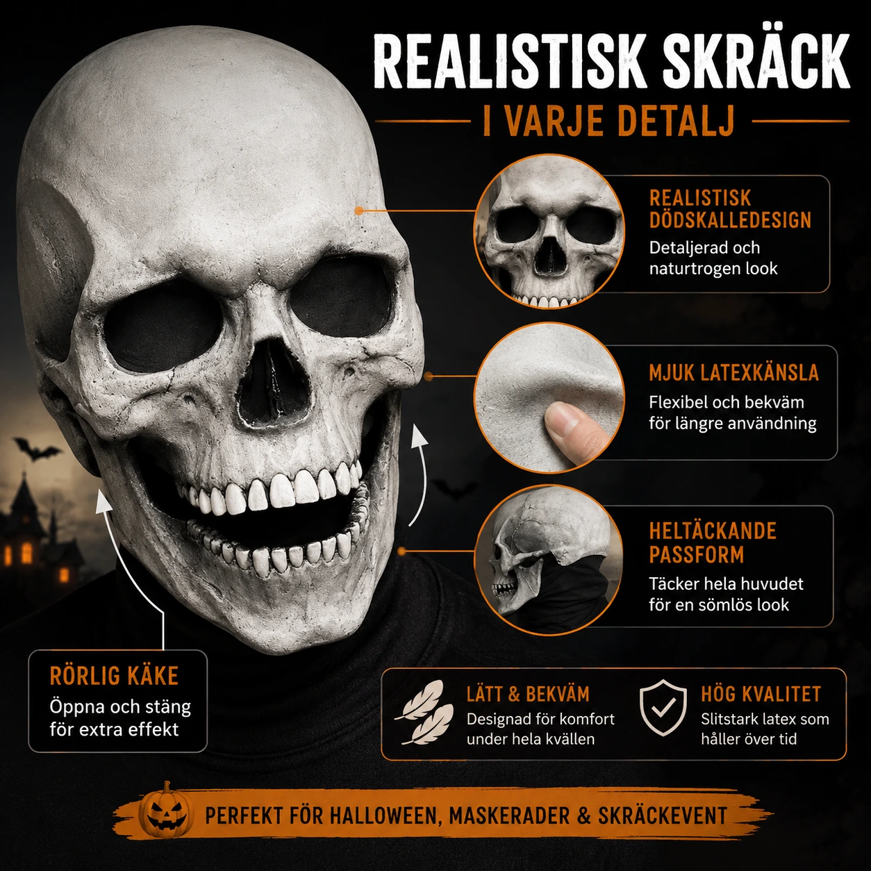 Dödskallemask för halloween med rörlig käke