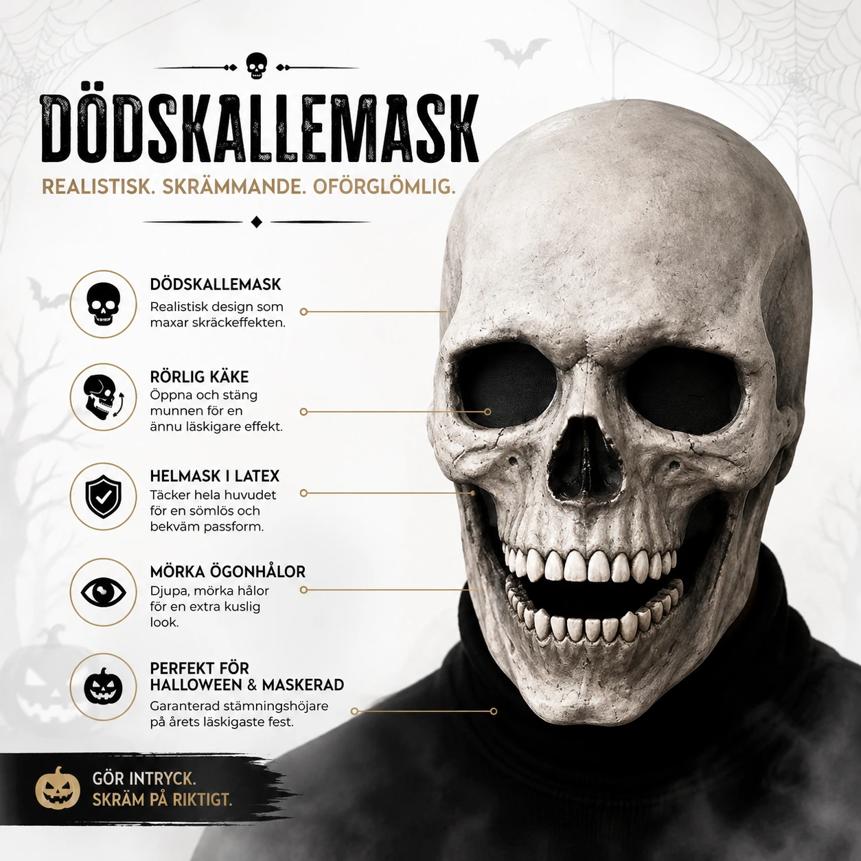 Dödskallemask för halloween med rörlig käke