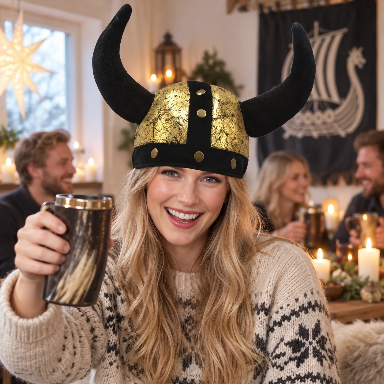 Vikingahjälm i Guld och Svart med Svarta Horn