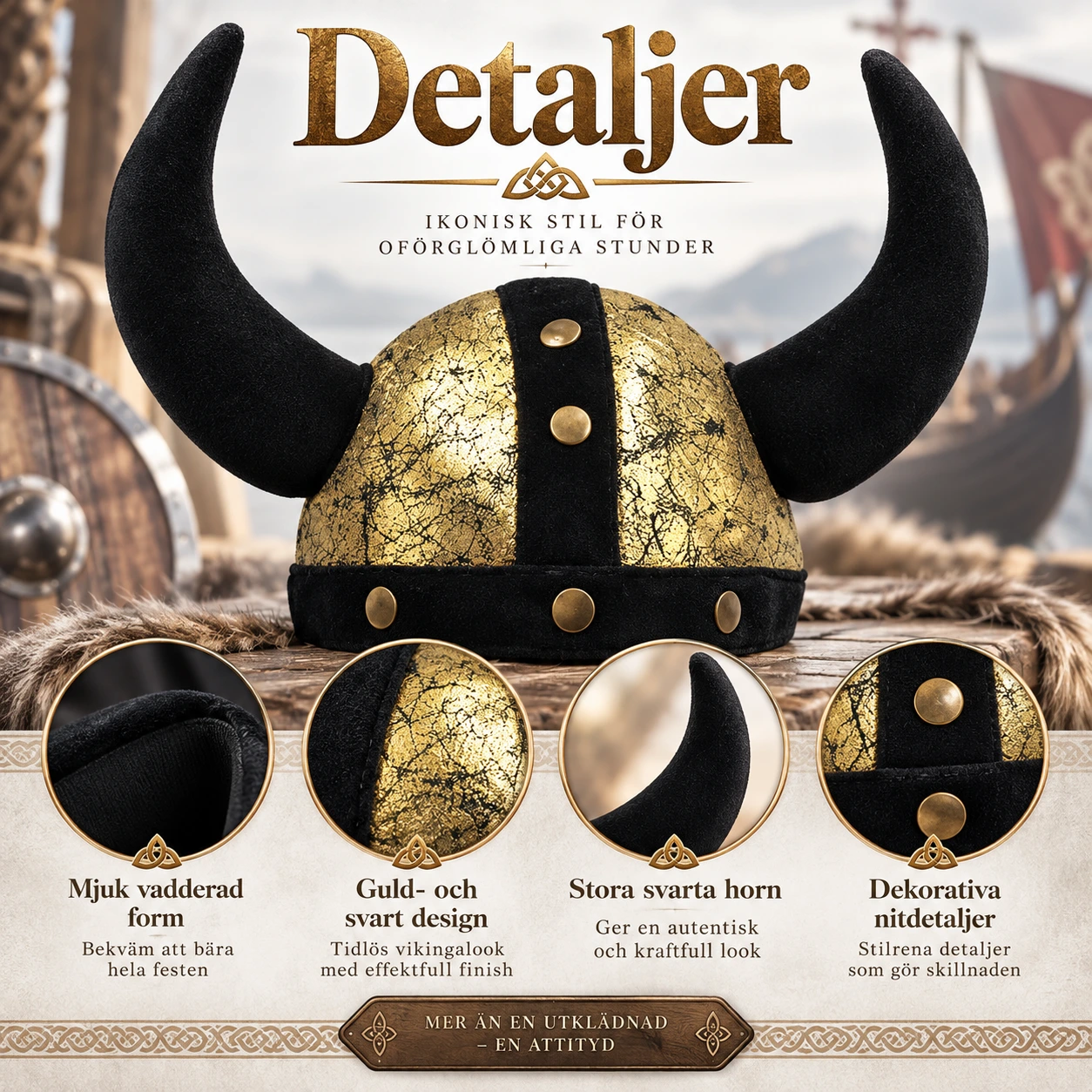Vikingahjälm i Guld och Svart med Svarta Horn