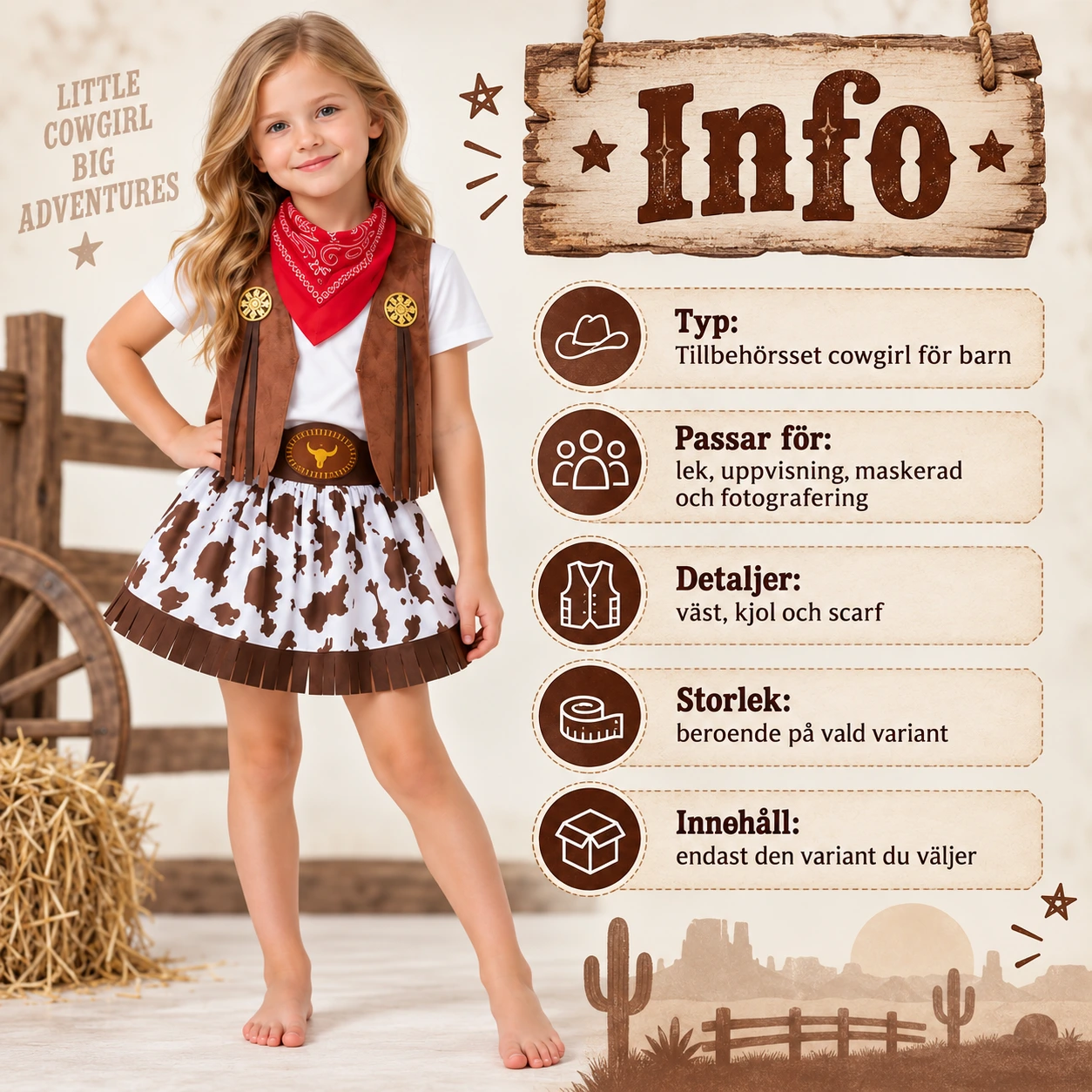 Lasten cowgirl-asustesetti – liivi, hame ja huivi