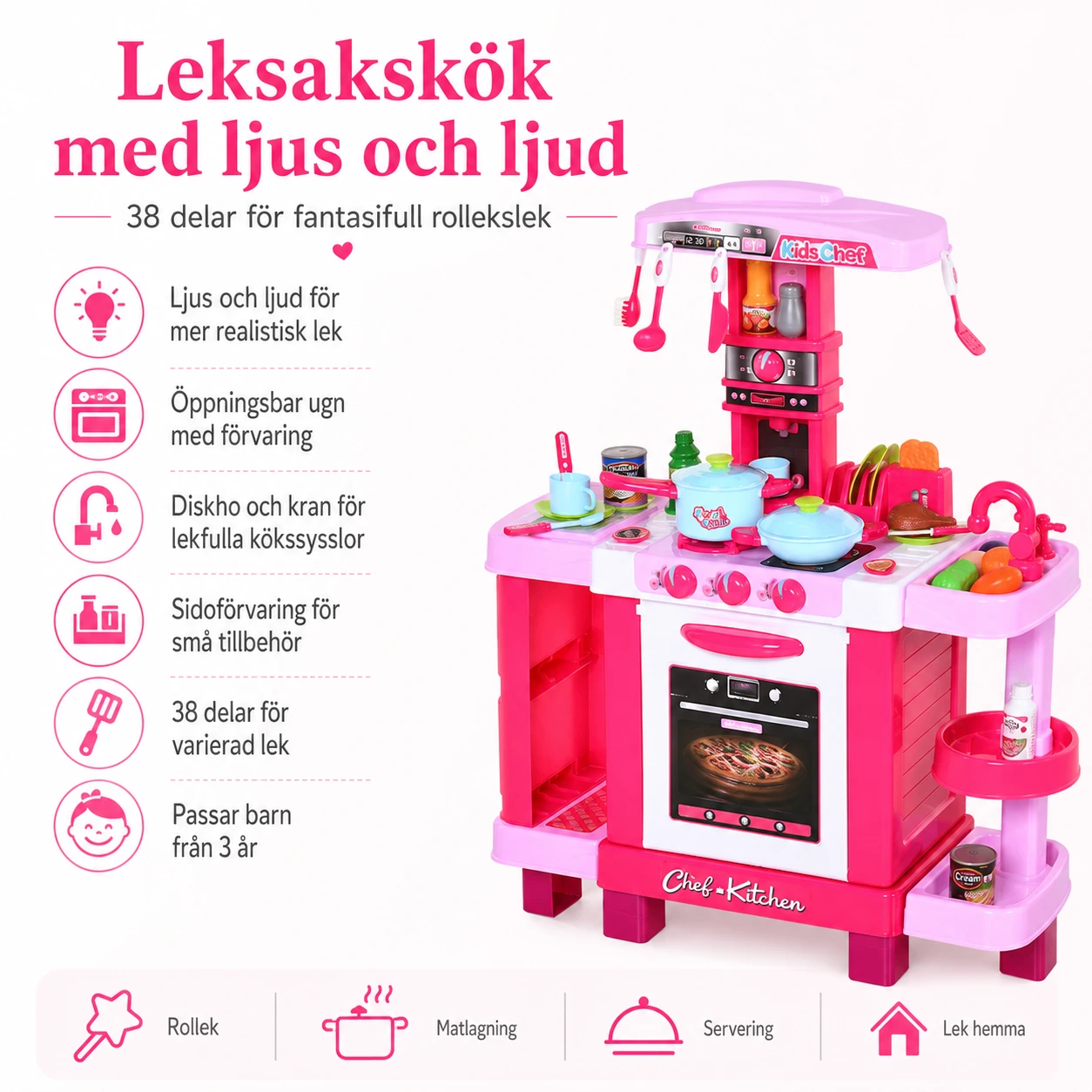 Leksakskök för barn med ljus och ljud, 38 delar