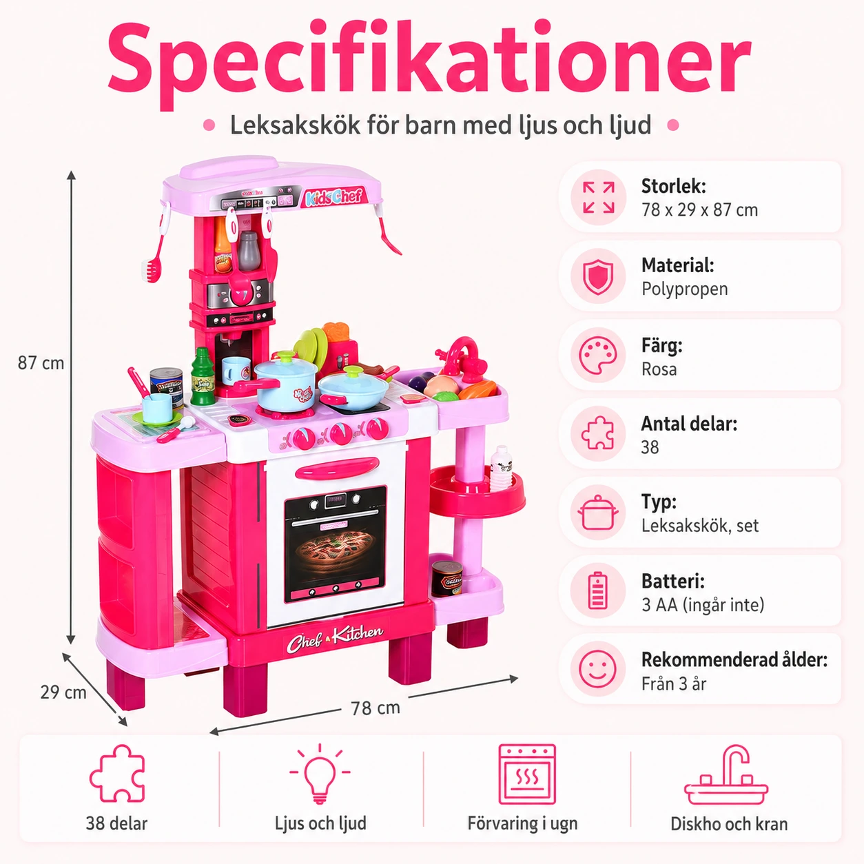 Leksakskök för barn med ljus och ljud, 38 delar