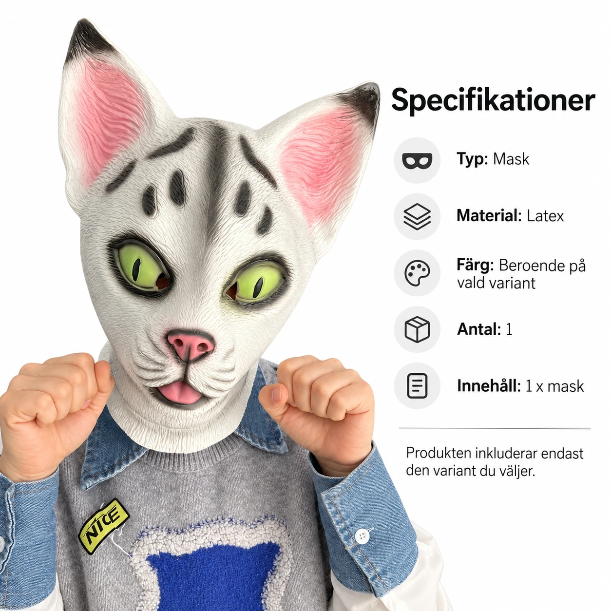 Vit och Grå Sphynx-Katt Latexmask