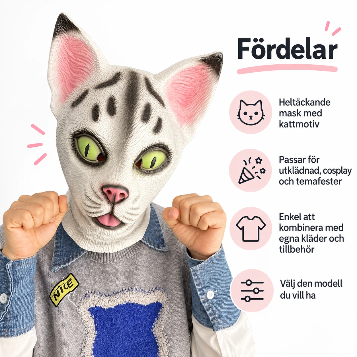 Vit och Grå Sphynx-Katt Latexmask
