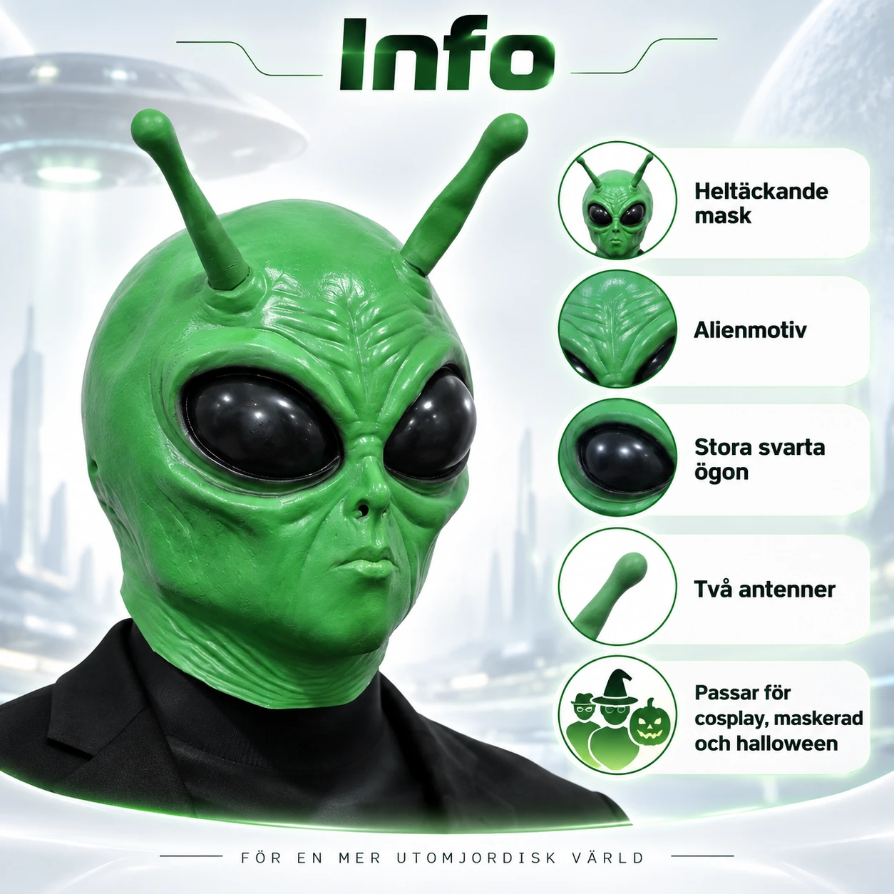 Grön Alien Latexmask med Antenner