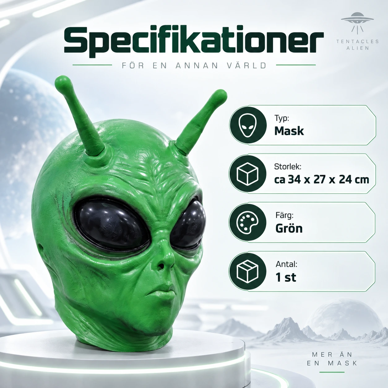 Grön Alien Latexmask med Antenner