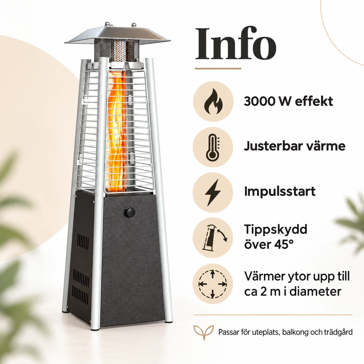 Kaasukäyttöinen terassilämmitin 3000 W kaatumissuojalla