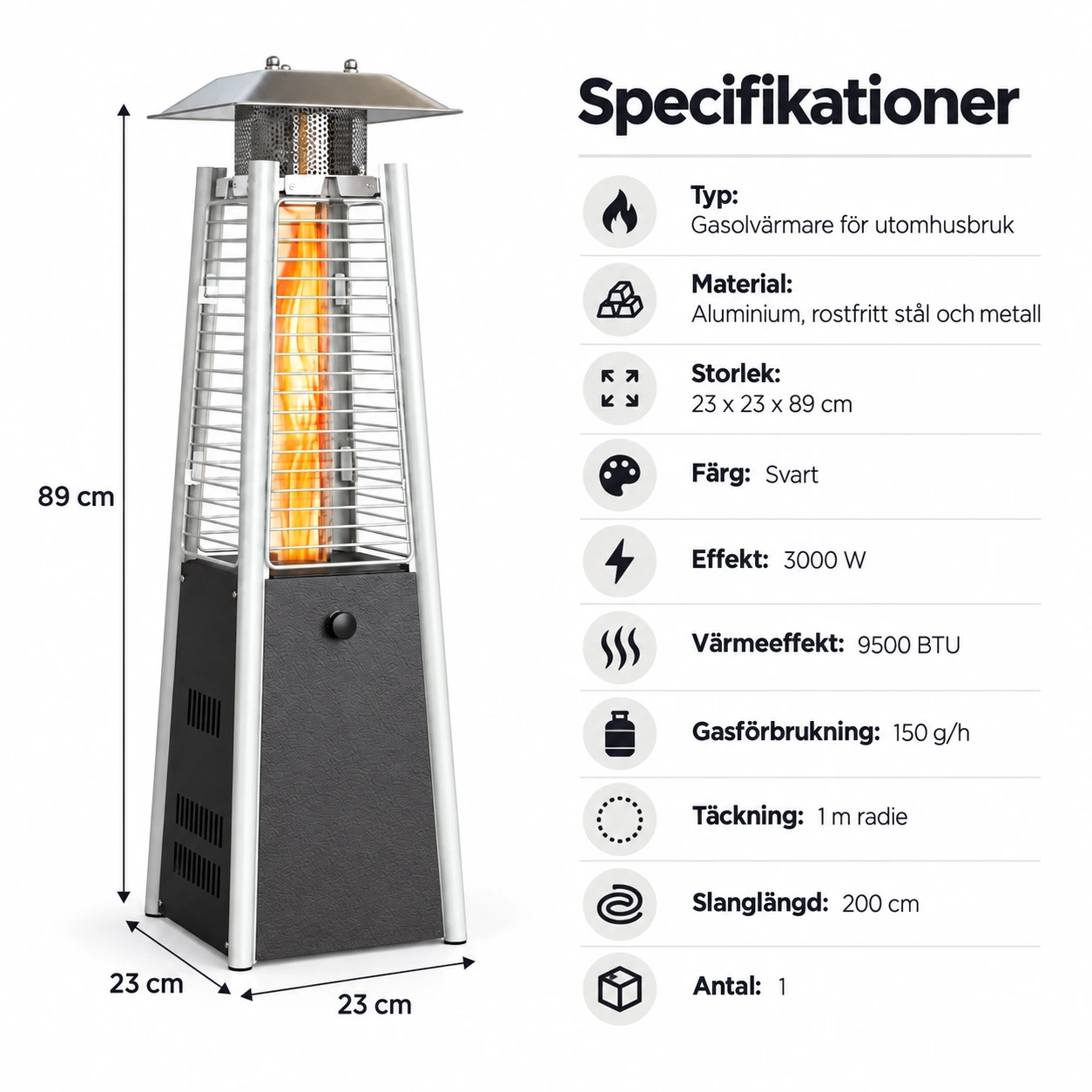 Kaasukäyttöinen terassilämmitin 3000 W kaatumissuojalla