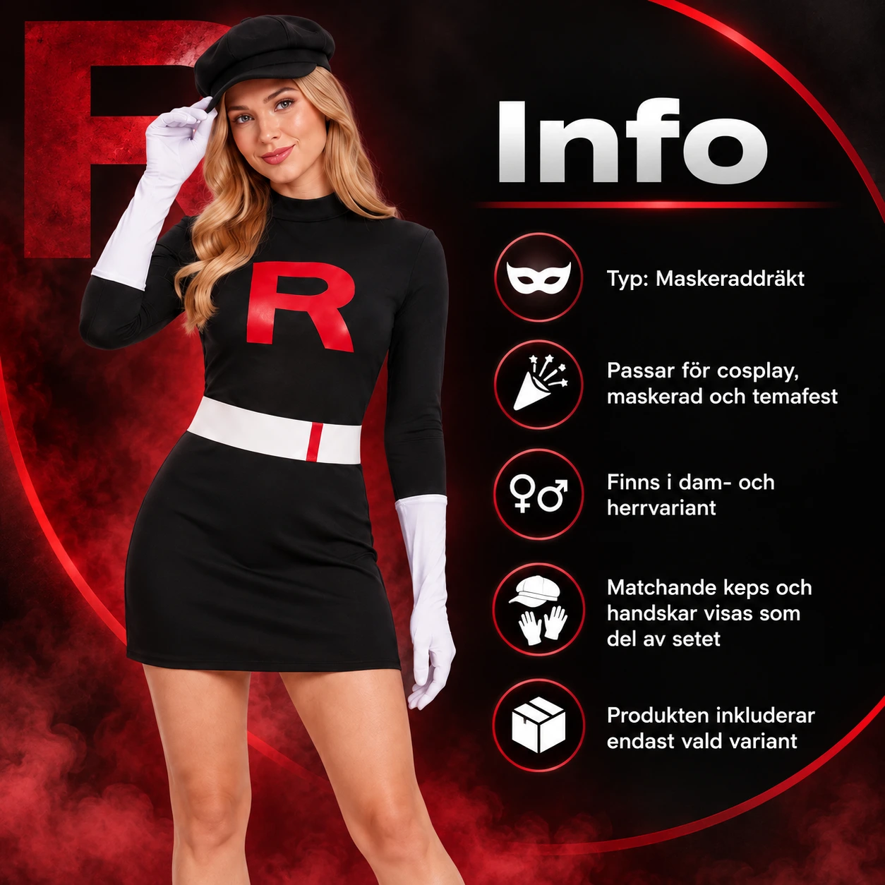 Musta cosplay-asu punaisella kirjaimella ja lippalakilla