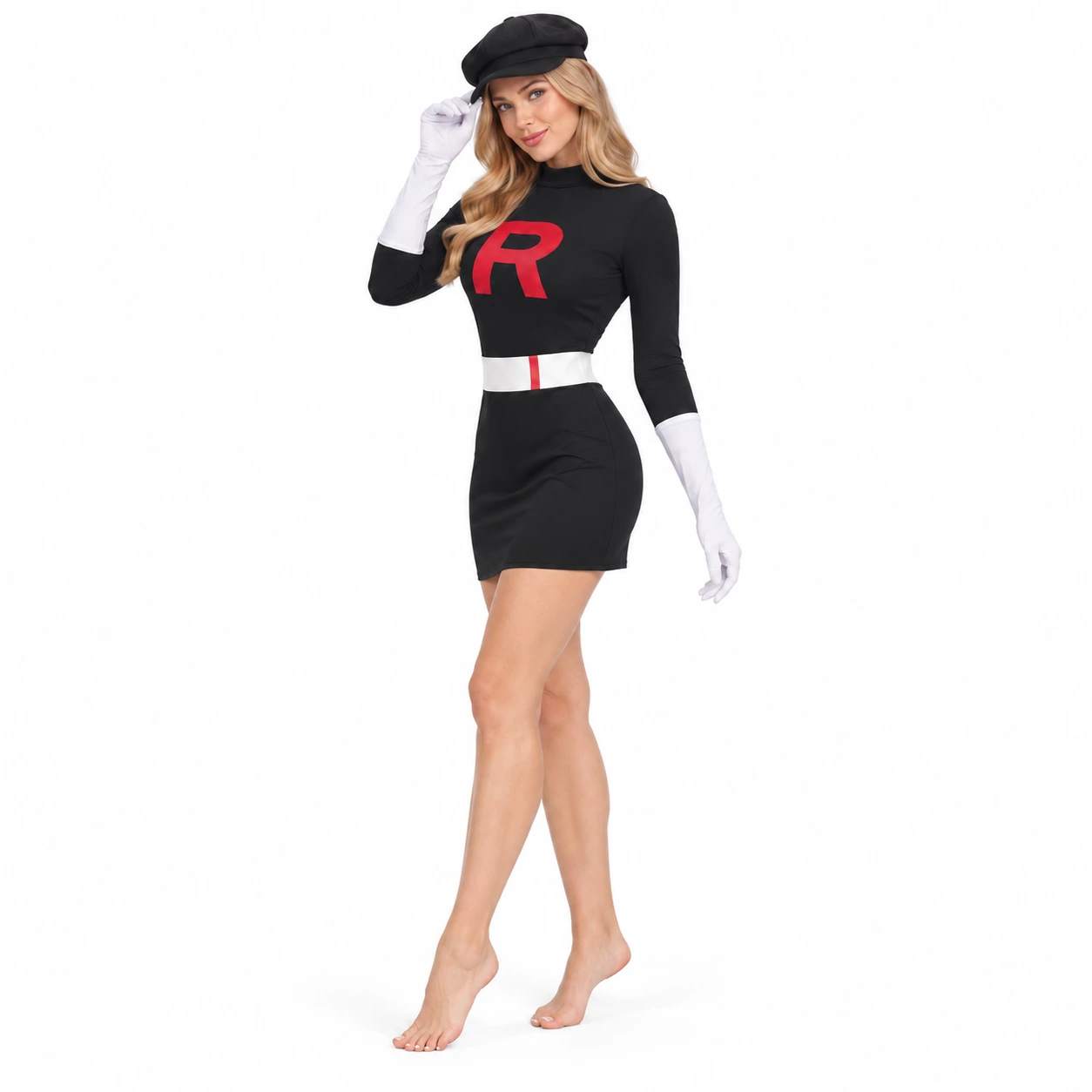 Musta cosplay-asu punaisella kirjaimella ja lippalakilla
