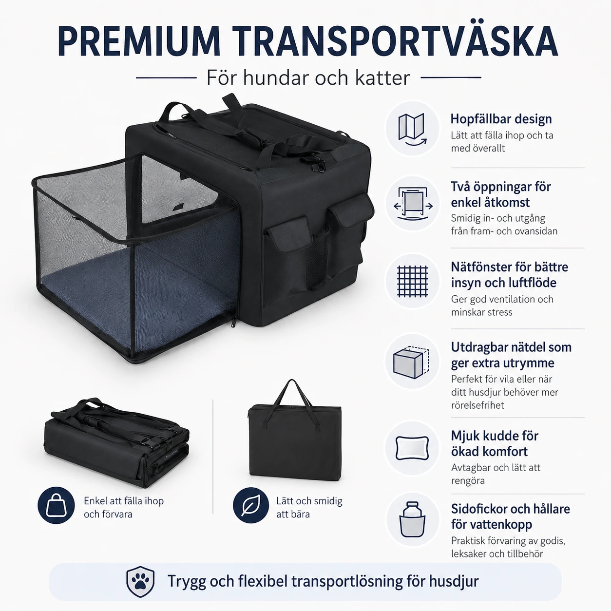 Hopfällbar transportväska för husdjur med kudde