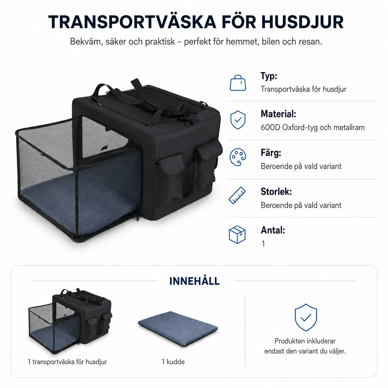 Hopfällbar transportväska för husdjur med kudde