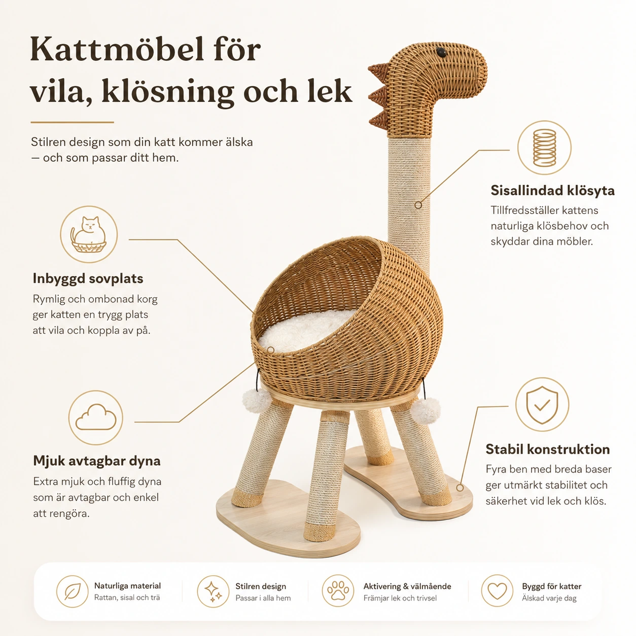 Kattklösträd för inomhusbruk med sovplats och sisal