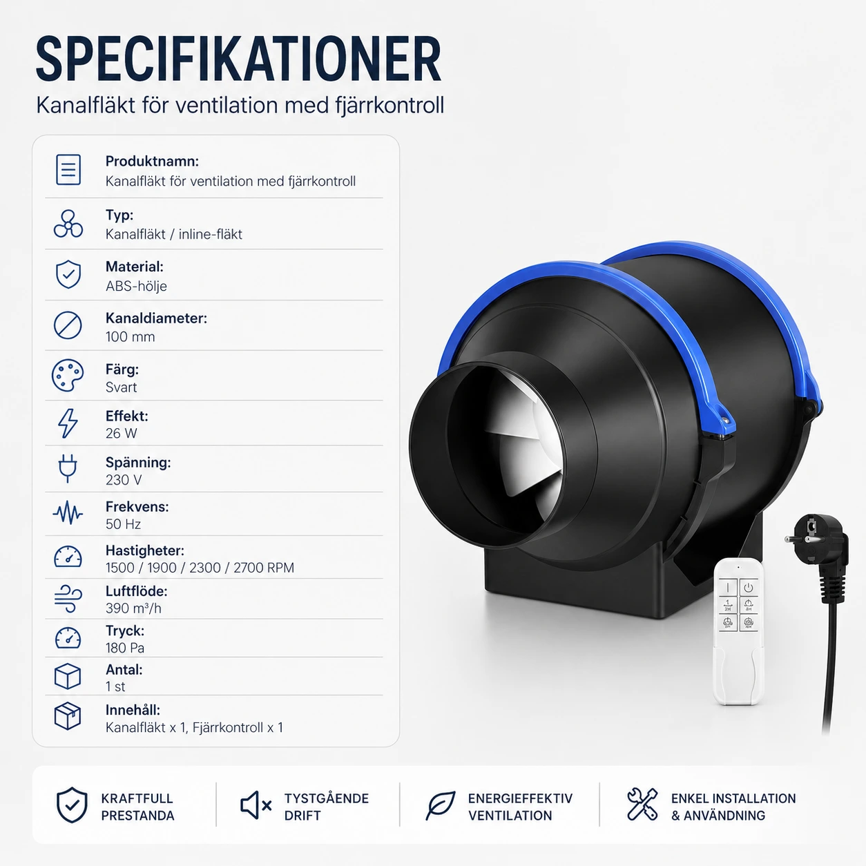 Kanalfläkt för ventilation med fjärrkontroll