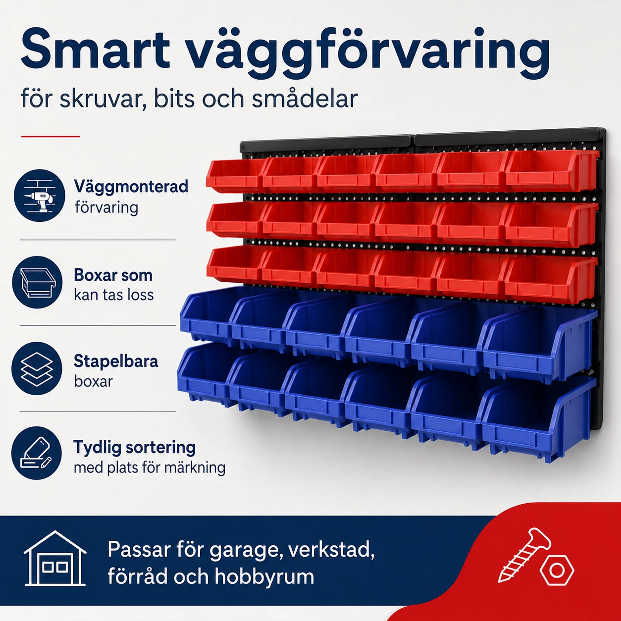 Väggmonterad förvaringshylla med stapelbara boxar
