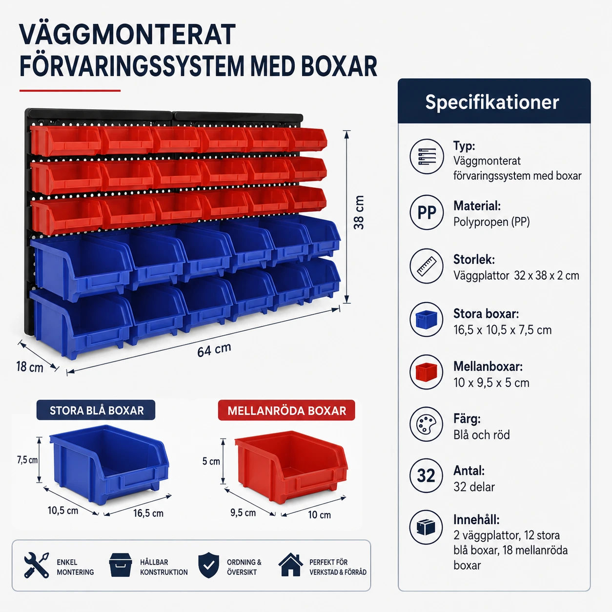 Väggmonterad förvaringshylla med stapelbara boxar
