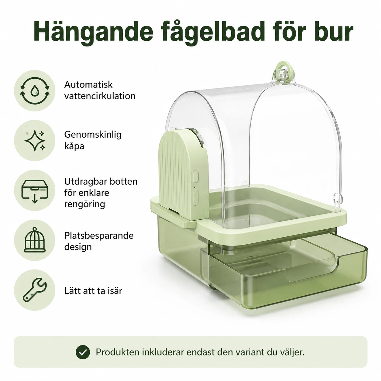 Hängande fågelbad för bur med automatisk vattencirkulation