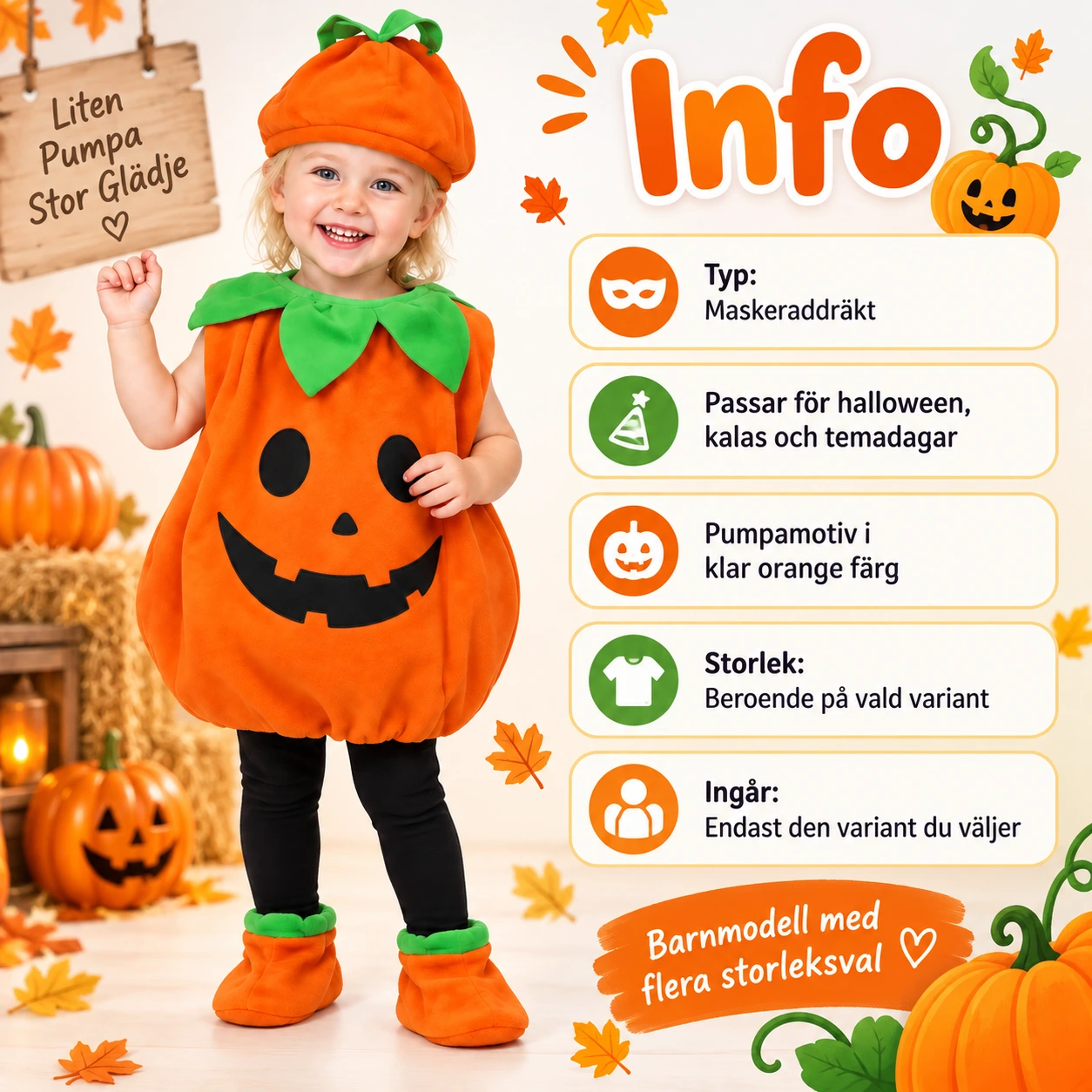 Pumpadräkt för barn med hatt och skor – Halloween maskeraddräkt