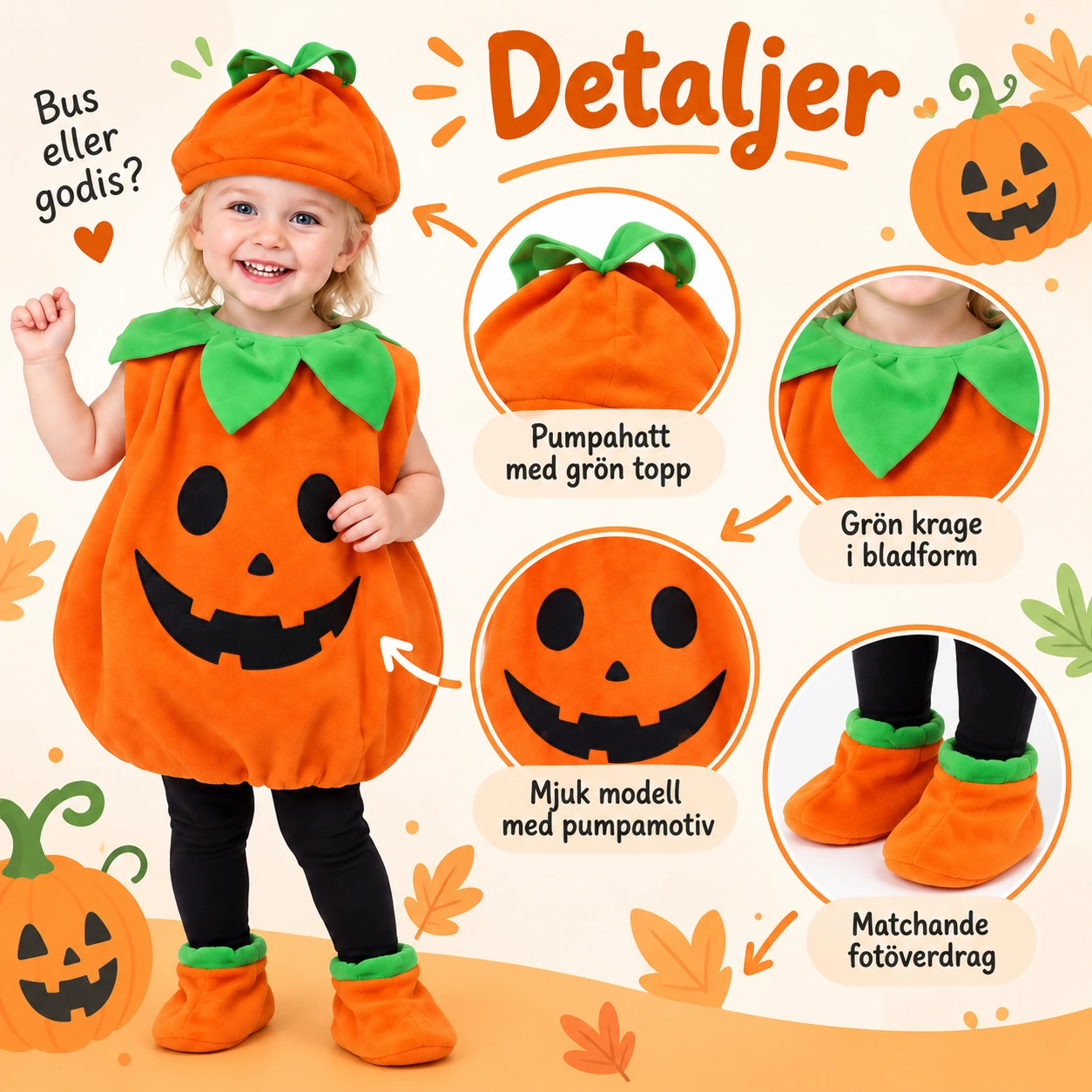 Pumpadräkt för barn med hatt och skor – Halloween maskeraddräkt