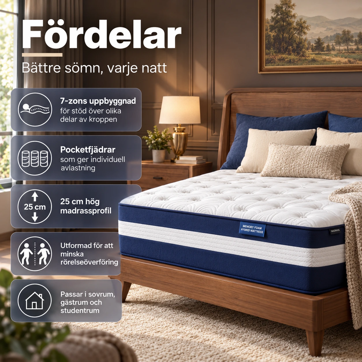 Resårmadrass för säng med 7 zoner och pocketfjädrar