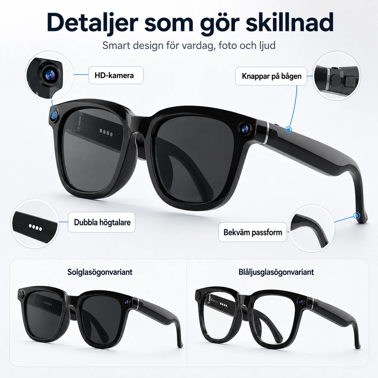 AI-glasögon med kamera och Bluetooth