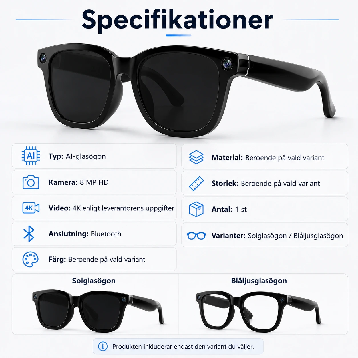 AI-glasögon med kamera och Bluetooth