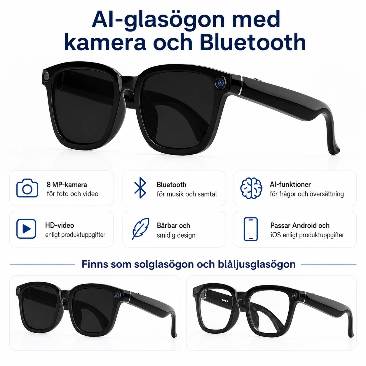 AI-glasögon med kamera och Bluetooth