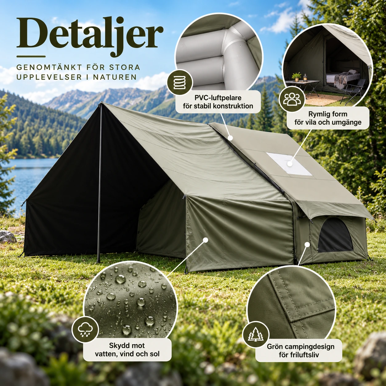 Ilmatäytteinen retkeilyteltta 4–8 hengelle