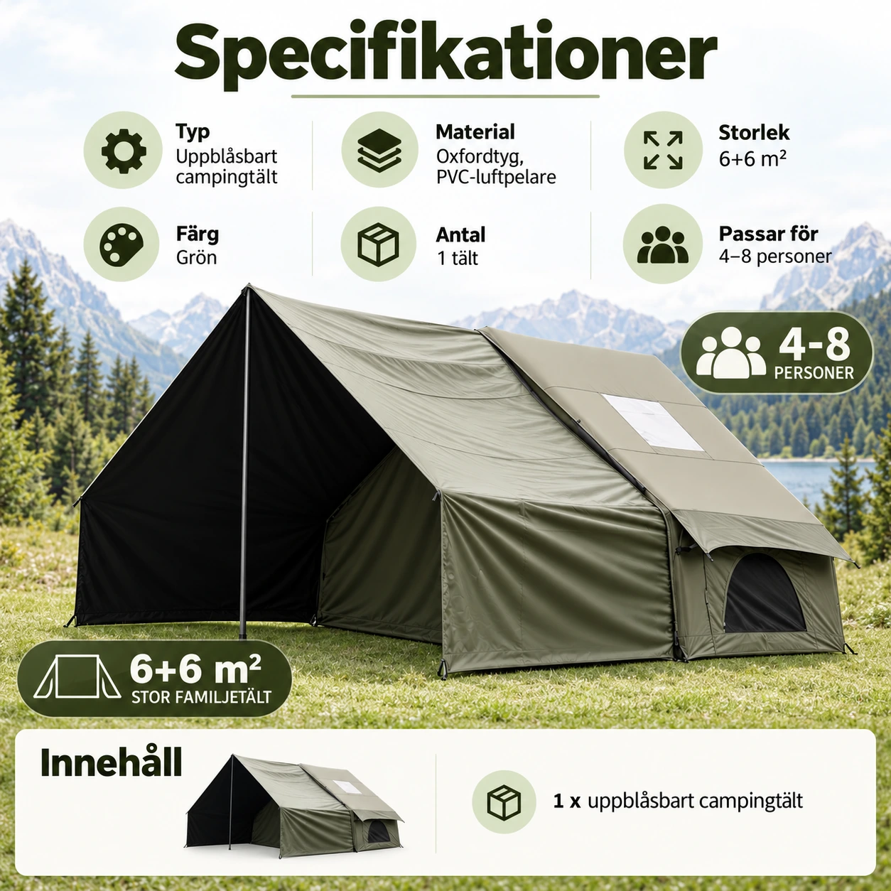 Uppblåsbart campingtält för 4–8 personer