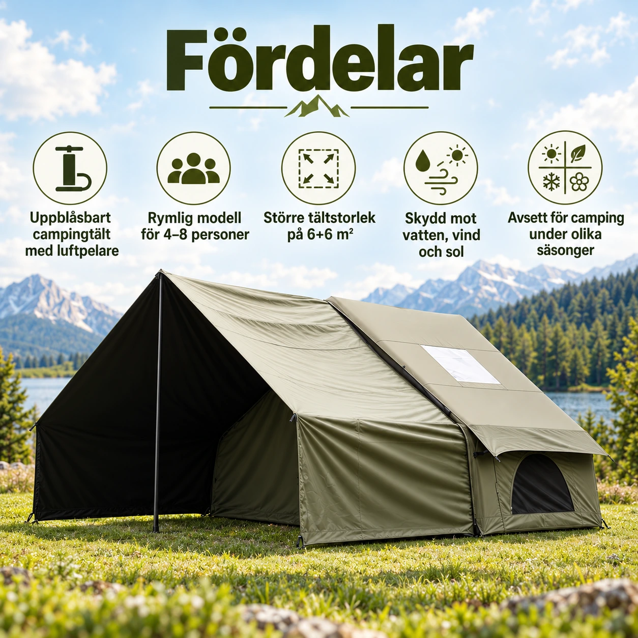 Uppblåsbart campingtält för 4–8 personer