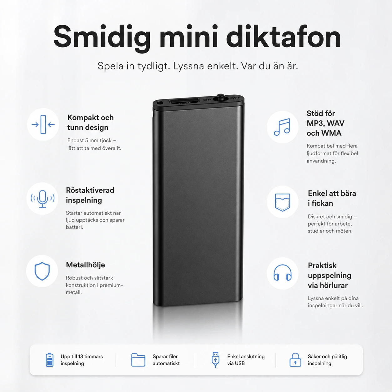 Mini diktafon med röstaktivering och MP3-funktion