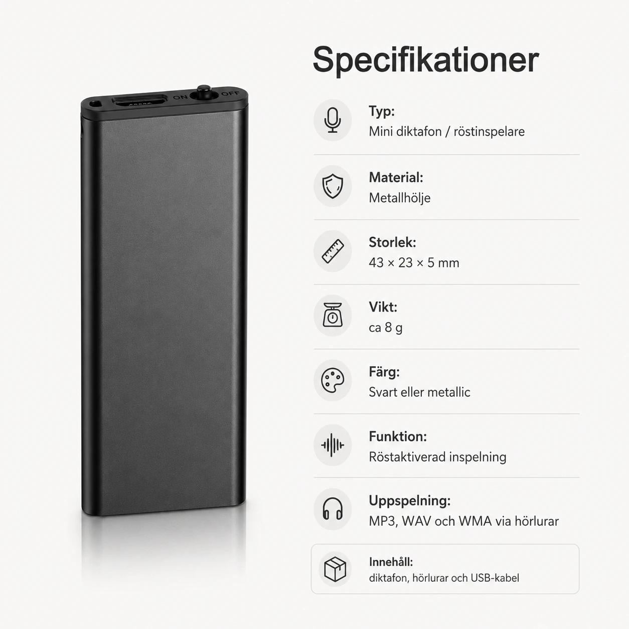 Mini diktafon med röstaktivering och MP3-funktion