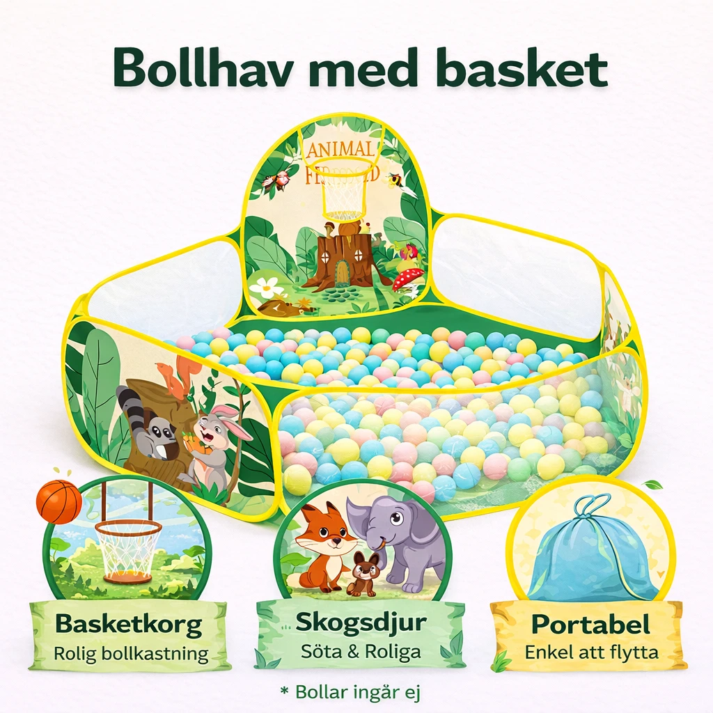 Bollhav med basket – grön lekpool med skogsdjur