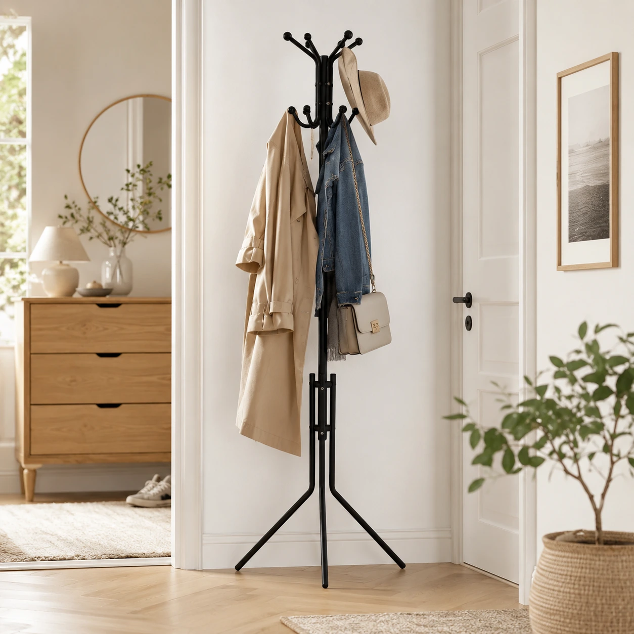 Klädhängare i Svart Metall med 8 Krokar – 179 cm