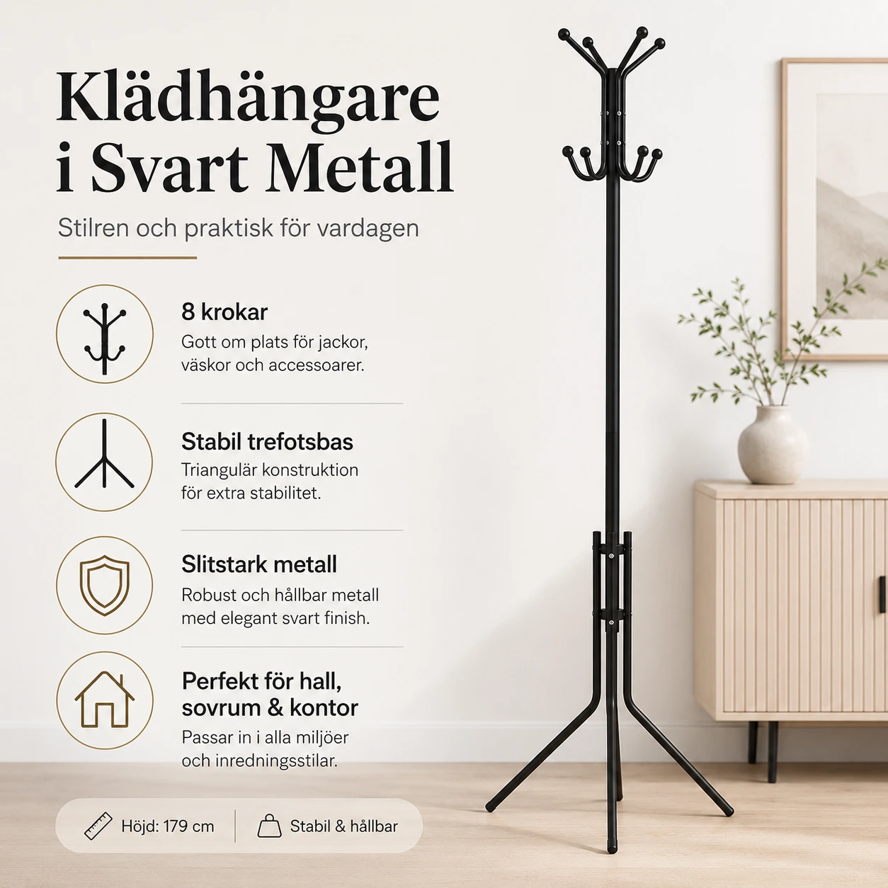 Klädhängare i Svart Metall med 8 Krokar – 179 cm