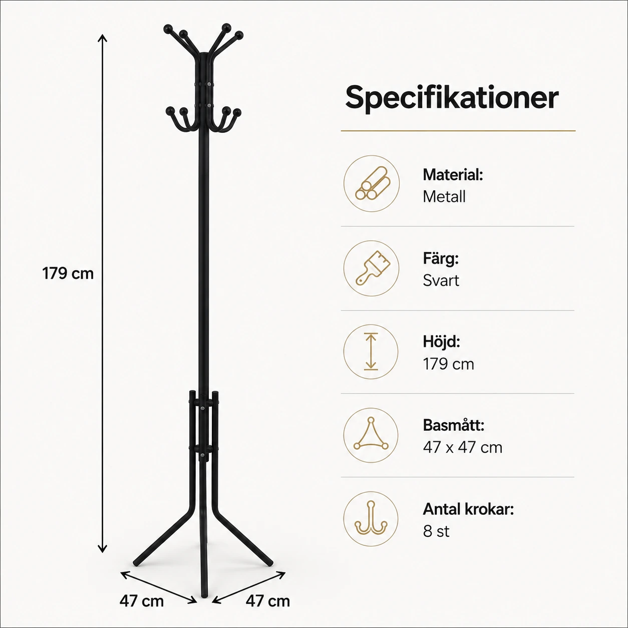 Klädhängare i Svart Metall med 8 Krokar – 179 cm