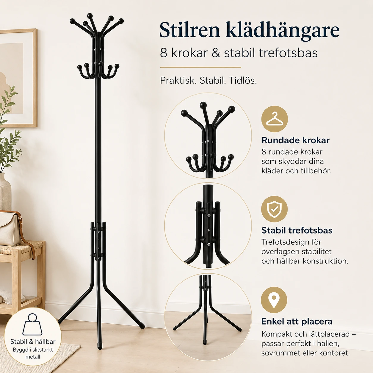 Klädhängare i Svart Metall med 8 Krokar – 179 cm
