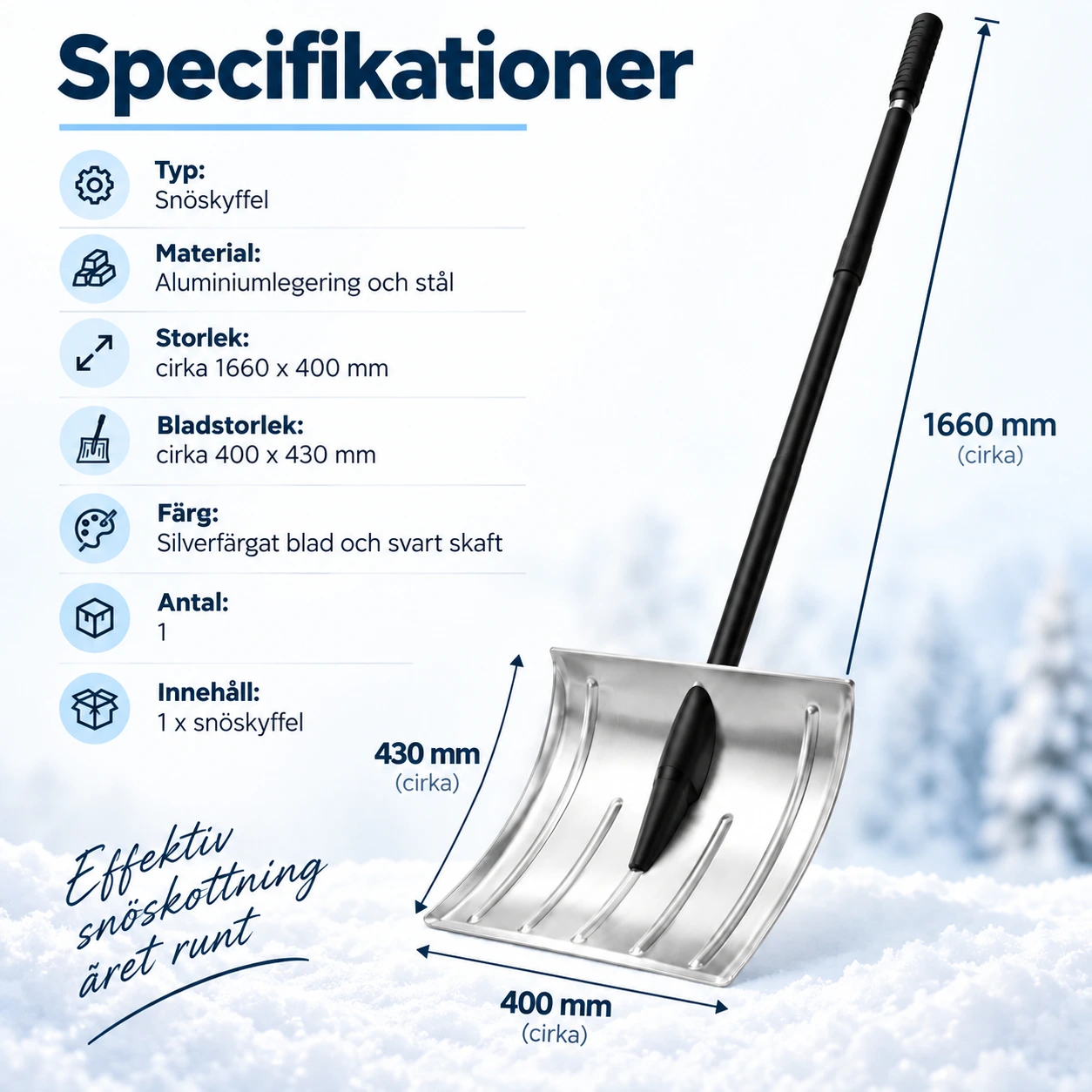Snöskyffel för uppfart med aluminiumblad och avtagbart skaft