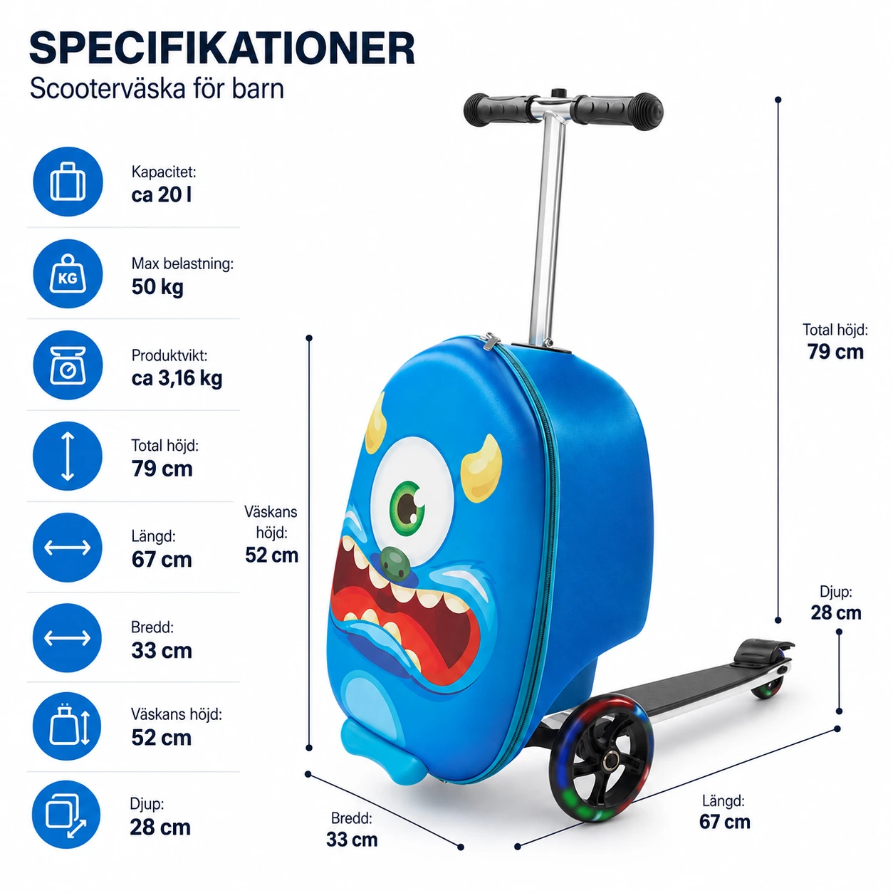 Scooterväska för barn 20 l med justerbart handtag