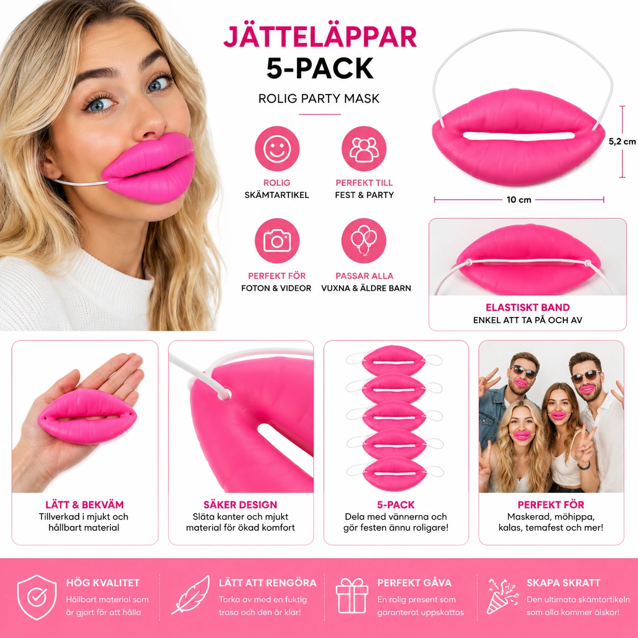 Jätteläppar Rosa 5-pack – Rolig Party Mask