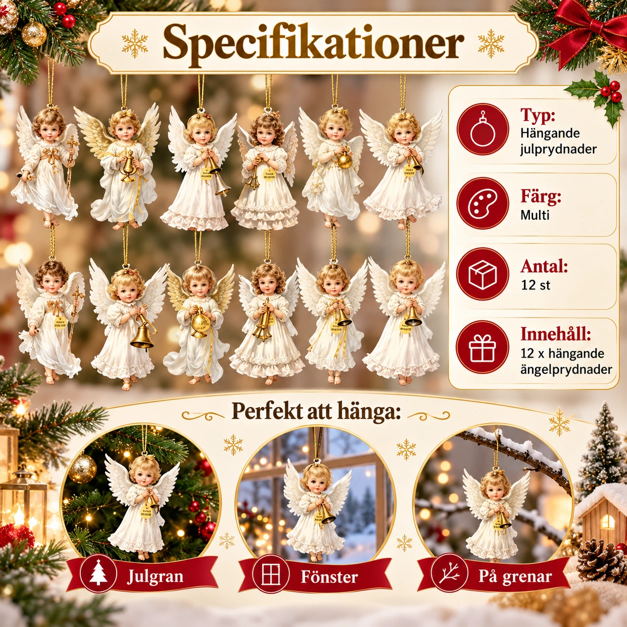 Ängelprydnader att hänga upp till jul, 12-pack