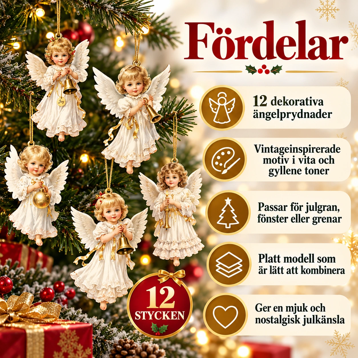 Ängelprydnader att hänga upp till jul, 12-pack