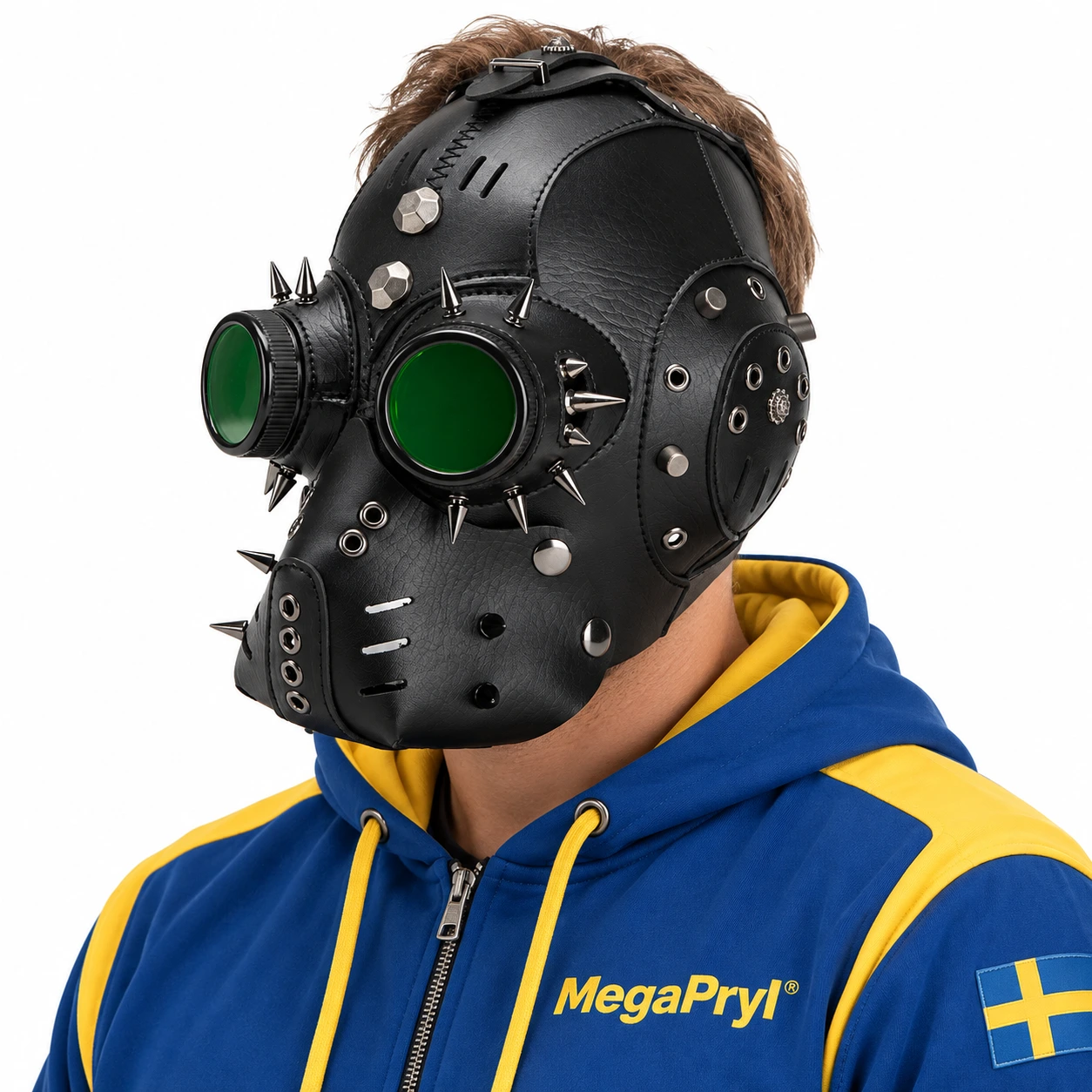 Svart Läder-Look Steampunk Helmask med Taggar och Gröna Linser